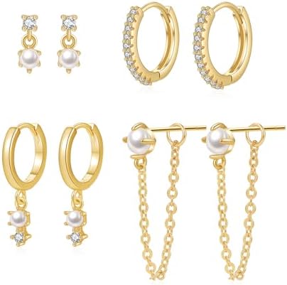 Gold Earrings for Women, 16K Gold Plated Cubic Zirconia Crystal Cartilage Stud Hoop Earrings Set, Dainty Huggie Earrings Stacks, Hypoallergenic Jewelry Gifts