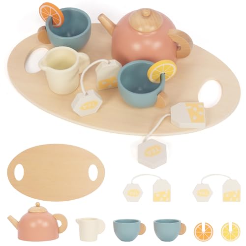 Wooden Tea Sets for Toddlers 3-5 Girl Chrismas Birthday Gift 3 Year Old Princess Party Wooden Play Food Toy Sets for Kids Kitchen Accessories