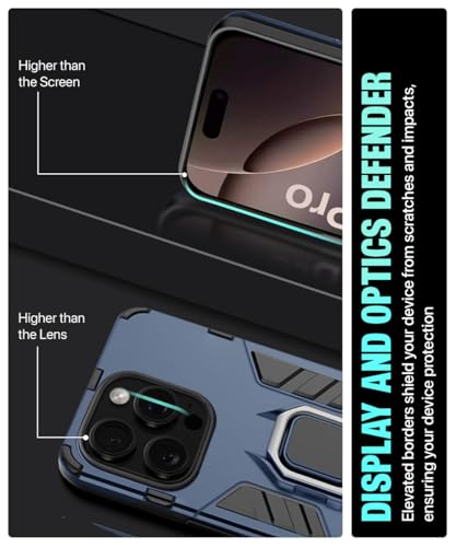 Image of WOW IMAGINE Shock Proof Back Case Mobile Cover for iPhone 16 Pro | Back Cover Case (Tough Armor | Hybrid PC + TPU | Ring Holder & in-Built Kickstand | Blue)
