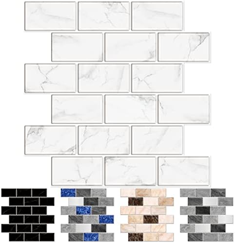 URCOLOR 10-Sheet Peel and Stick Backsplash Tile Sticker for Kitchen,12"x12" Self Adhesive Subway Wall Tiles Stick on Back Splashes for Bathroom White Marble Design