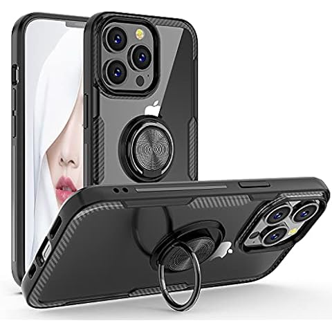 WATACHE Compatible with iPhone 13 Pro Case, Full Body Heavy Crystal Clear Protective Anti-Scratch Shockproof Case [Work with Magnetic Car Mount] with Rotation Ring Holder Stand for iPhone 13 Pro,Black Cover