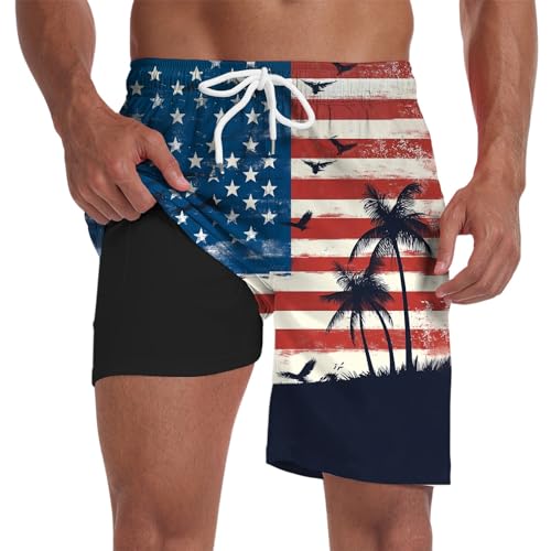 Generisch Bañador para hombre con forro de compresión, bañadores con bolsillos, pantalones de natación para tiempo libre, estampado de playa, pantalones cortos de playa, con cordón, traje de baño para