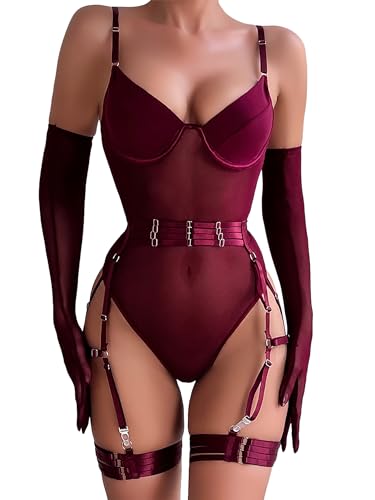 Tenue rave ajustable et lingerie sexy 3 pièces à armatures avec gants longs