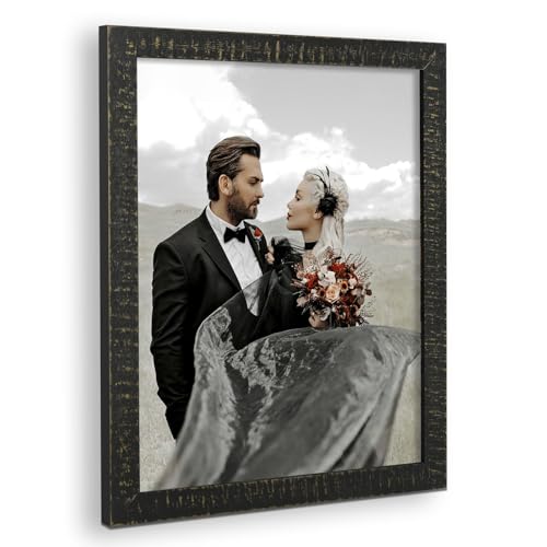 Golden State Art, 11x14 Picture Frame - Rustic Solid Wood - 11 x 14 Picture Frame for Wall Mounting - Horizontal and Vertical Display - Distressed Black