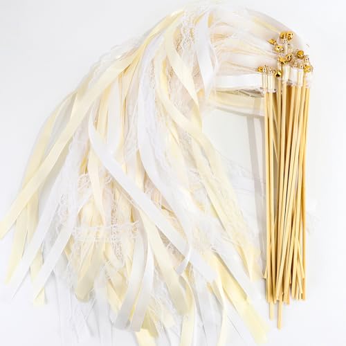 Holiwe 30 Stück Wedding Wands Zauberstäbe Hochzeit Luftschlangen Romantic Seidenfeenstab Hochzeit Stäbe Mit Glöckchen für Hochzeiten Geburtstage Partys Feiertagsfeiern Verwendet (30 Stück Beige)