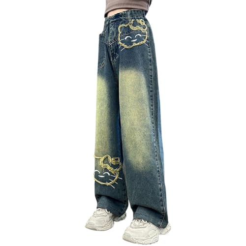 Girls Cute Cat Embroidery Jeans Kids Elastic Waist Baggy Wide Leg Distressed Denim Pants2