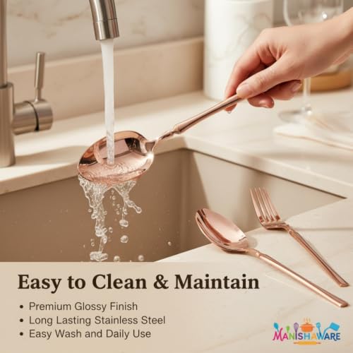 Image of Classic Rose Gold 4 Pcs Stainless Steel Cutlery Set for Dining Table, Dishwasher Safe Glossy Flatware (Perfect Spoon Fork Set)