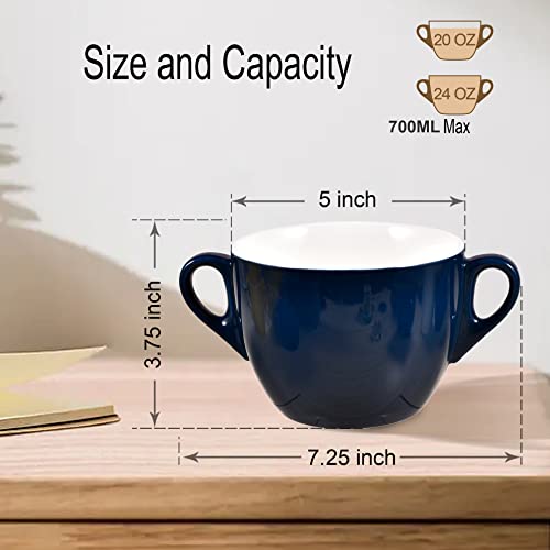 Fmsdd Porcelain 4 Pack 23 Oz Large Serving Soup Bowl Set, Double-Handle Bowls Convenient For Home Using And Decor To Any Settings Of Family Tables, Elegant Dark Blue Glazed Soup Mugs #TOP1