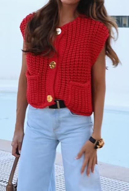 Image of UAURORAO Women Chunky Sweater Vest Button Down Crochet Cable Knit Cardigan Sleeveless Open Front Knitted Crop Waistcoat