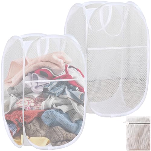 ZenyTra Lot de 2 paniers à linge pliables (36 x 36 x 58 cm) + 1 sac à linge (30 x 40 cm) - Panier à linge pop-up blanc en maille respirante pour chambre à...