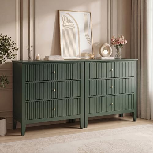 RoyalCraft Large 3 Drawer Dresser Set of 2, Fluted Chest of Drawers with Storage, Modern Painted 30 inch Tall Nightstand for Bedroom Living Room Entryway, Dark Green