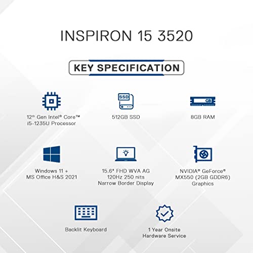 Image of Dell Inspiron 3520 Laptop, Intel i5-1235U, 8GB, 512GB SSD, NVIDIA MX550 (2GB GDDR6), 15.6 inch (39.62Cms) FHD WVA AG 120Hz 250 nits, Win 11 + MSO'21, Backlit KB, Silver (D560856WIN9S, 1.65Kgs)