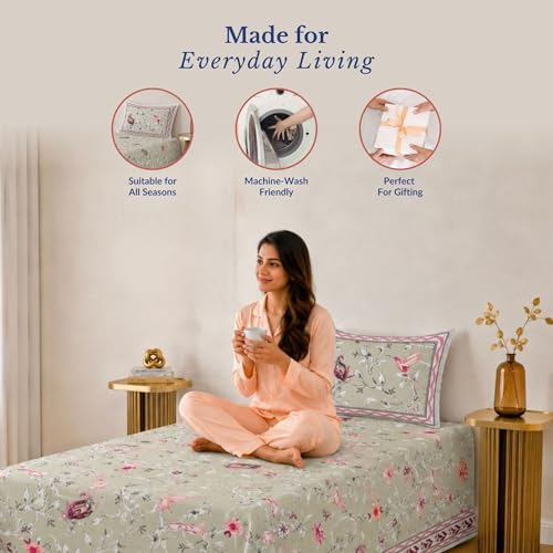 Image of Jaipur Weaves Single Bed Cotton Bedsheet with 1 Pillow Cover, 100% Pure Cotton Single Bedsheet 60x90 Inches, 180 TC Soft Breathable Bird Bed Sheet - (Bud Green Bird)