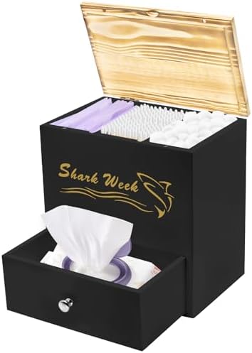 Tampon Holder for Bathroom, Shark Week Tampon Storage with Lid & Drawer Pad Organize Case Feminine Product Organizer Bathroom Decor and Storage Box for Ladies (Black)