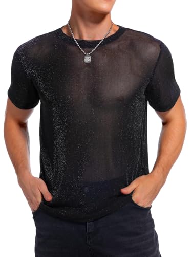 HAWILAND T Shirt Herren Transparent Glitzer Top Muscle Netzhemd Rave Techno Party Club Sexy Outfit Schwarz M