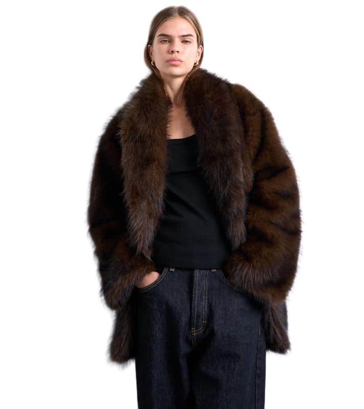 PATAKADEVI Women's Faux Fur Coat | Brown Shawl Collar Warm Outerwear for Evening Outing | Stylish Full Sleeve Jacket for Winter Events and Social Gatherings-picture-26