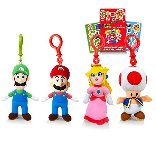 Nintendo Mario and Friends Plush Keychain Set - Bundle with Mario, Luigi, Princess Peach, and Toad Plushie Figures Plus Mario Stickers (Mario Party Favors)