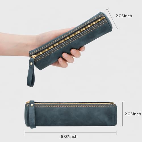 Image of ECHSRT Genuine Leather Pencil Pouch, Classic Cylinder Pen Bag - Blue | Full-Grain Cowhide Leather, Crazy Horse Finish, Single Zipper, Vintage Pen Organizer for Adults