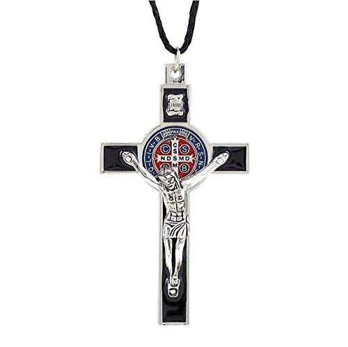 Needzo Saint Benedict Crucifix Pendant Silver-Tone Accent and Black Enamel, 3 Inch