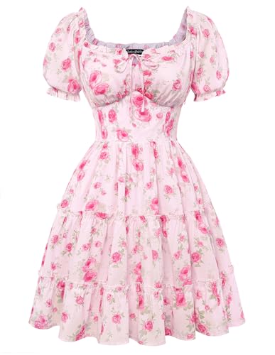 Scarlet Darkness Floral Corset Mini Dress Women Teen Summer Off Shoulder Dress Graduation Cute Sundress with Pockets Pink M