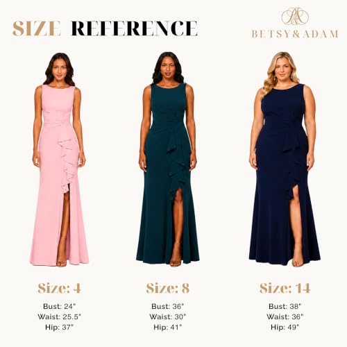 Image of Betsy & Adam Women's Long Bodycon Sleeveless Boat Neck Evening Gown with Side Slit Ruffle
