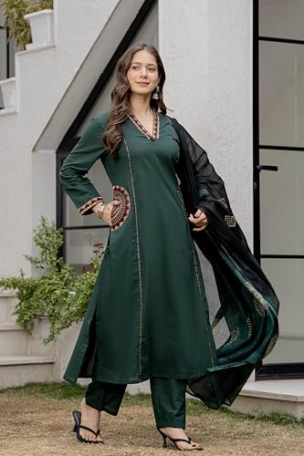 Image of MEERA FAB Women Floral Printed Pure Cotton Straight V-Neck Kurta with Palazzos & Dupatta