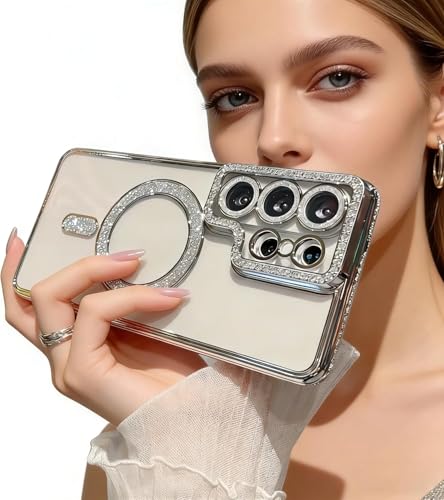 Image of DIZORO Compatible with (Samsung Galaxy S26 Ultra Case) Clear Diamond Glitter Case |Camera Lens Protector with Glitter Ring | Premium Shockproof Glossy Shiny Back Cover Case for Girls Women -Silver