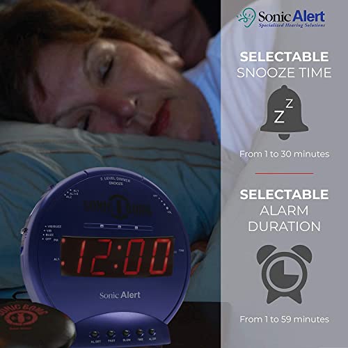 Sonic Alert Sonic Bomb Dual Alarm Clock With Bed Shaker, Blue Vibrating Alarm Clock Heavy Sleepers, Battery Backup | Wake With A Shake #TOP3