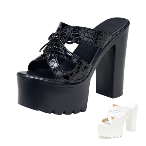 Women's Leather Bow Sexy Chunky High Heels Goth Sandals Summer Fashion Comfortable Round Open Toe Platform High Heel Slip On Y2K Punk Slides Sandals for Prom Wedding Party