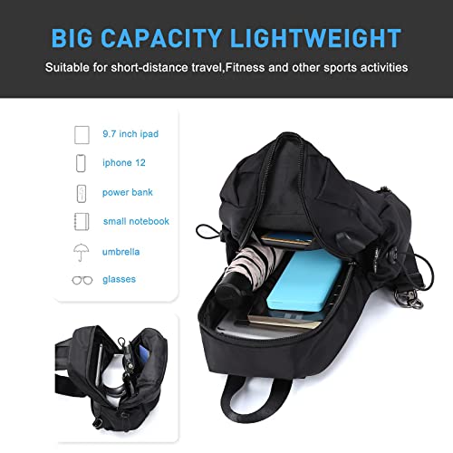 Image of SEAFEW Small Black Tactical Sling Crossbody Backpack Shoulder Bag for Men Women, Lightweight One Strap Backpack Sling Bag Backpack for Hiking Walking Biking Travel Cycling USB Charger Port-Nylon,