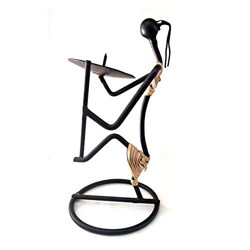 Kauthuk Decorative Wrought Iron and Cane Clad Candle Stand for Home Decor (Black)