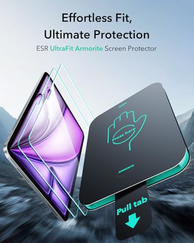 Image of ESR 2 Pack Armorite Full Screen Protector for iPad Air 13 Inch M4 /M3 /M2 (8th /7th /6th Generation, 2026 /2025 /2024), 9H Hardness Tempered Glass Screen Guard With Ultrafit Tray, Military Grade, HD Clarity