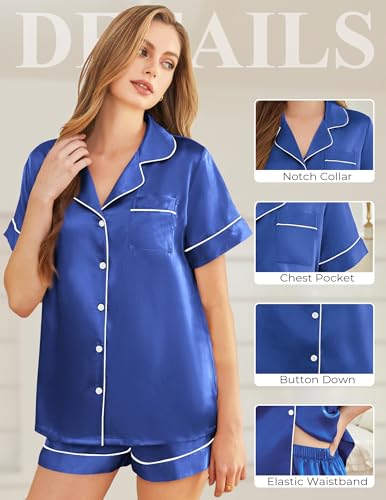 Image of Silk Pajamas for Women Short Sleeve Sleepwear Soft Button Down Loungewear 2 Piece Satin Pjs Shorts Set S-XXL