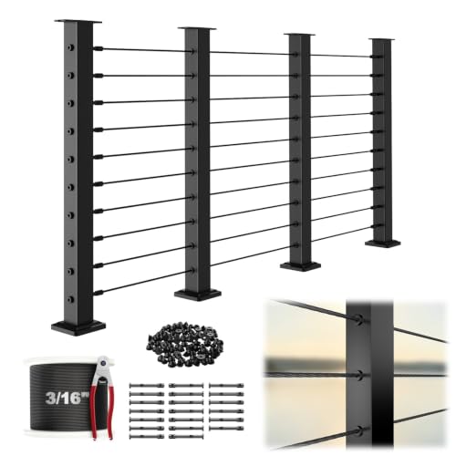 Image of 3 /16 inch Complete Set Cable Railing Kits, 36 Inch 12FT-16FT Swageless Black Cable Railing Post Kit with 3 /16 T316 Wire Rope & Cable Railing Fittings for Decks Length Adjustable Easy DIY