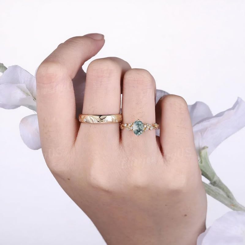 10K 14K 18K Gold Custom Natural Moss Agate Couple Rings 2PCS/3PCS Moss Agate Wedding Promise Ring Sets for Him and Her Couple Size 3-16 - Image 5
