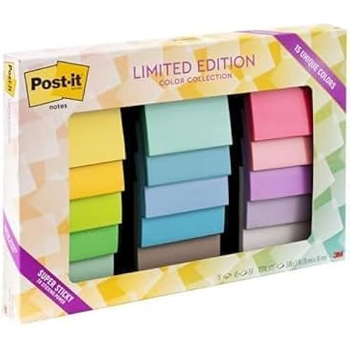 Post-it Super Sticky Notes, Limited Edition Color Collection, 3x3 in, 15 Pads/Pack, 45 Sheets/Pad (Pack of 12)