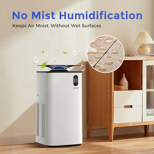Image of Humidifier and Air Purifier In One with Wheels for Bedroom, 6L Top Fill Evaporative No-White-Mist for Whole Home, Large Room Humidifier with Removable Tank & Dimmable Light, Easy Clean