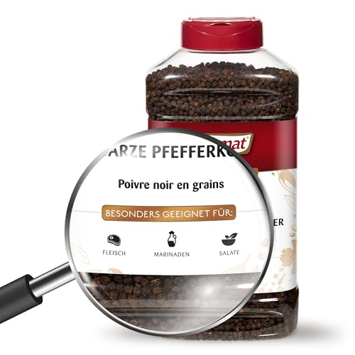 Prymat Schwarze Pfefferkörner 800g – Ganze Pfefferkörner für Mühle, frisch gemahlen für intensives Aroma – ideal zum Würzen von Fleisch, Fisch, Gemüse, Saucen, Suppen, Marinaden & mehr