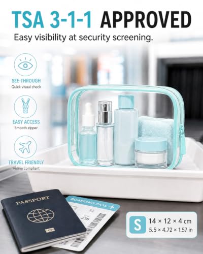 Image of Clear Makeup Bag Set,4 Sizes TSA Approved Travel Toiletry Bags,Waterproof PVC Clear Cosmetic Pouch with Zipper,Portable Transparent Organizer Bags for Travel Toiletries Accessorie (Blue, Pack of 4)