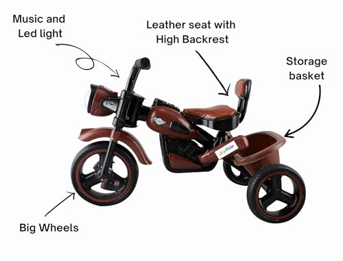 Image of JoyRide Ninja Plug N Play Durable Kids /Pedal Baby Tricycle, Storage Basket, Leather Seat, Led Headlight, Music for 18 Months to 5 Years Boys /Girls /Carrying Capacity Upto 30 Kgs (Brown)