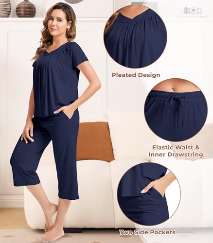Image of NACHILA Pajamas for Women-Viscose Made from Bamboo, Short Sleeve Sleepwear Soft Capri Pants Pajama Set Pleated Loungewear