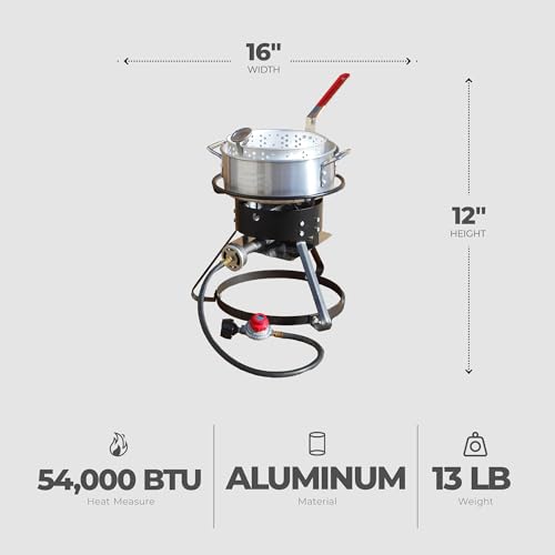 Metal-Fusion Import Outdoor Fish Fryer with Recipe Booklet, 10 Quart Aluminum Fry Pan, and Burner for Outdoor Fryer Accessories, Multicolor