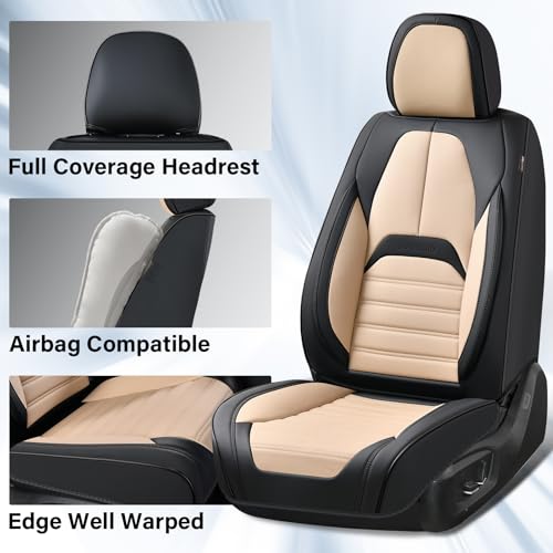 Image of Coverado Waterproof Nappa Leather Car Seat Covers, Automotive Seat Covers,Front Car Seat Cushion & Car Seat Protector, Seat Covers Universal Fit for Most Cars, SUVs,Trucks,Black&Beige