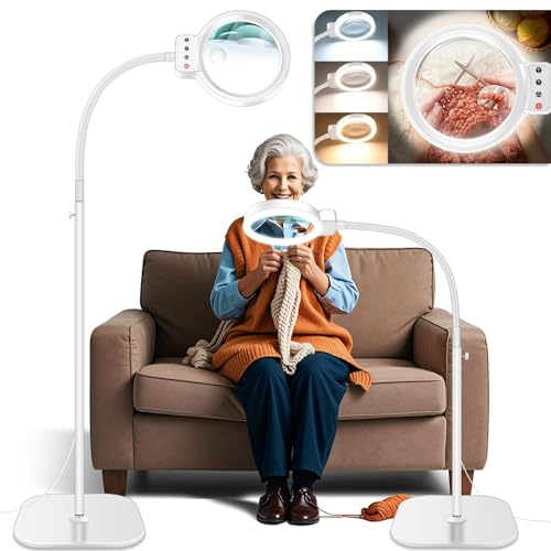 30X 10X Large Floor Magnifying Glass with Light and Stand,72 LED Flexible Gooseneck Floor Magnifying Lamp,2 in 1 Lighted Magnifiers for Close Work, Sewing,Crafts,Hobbies（White）