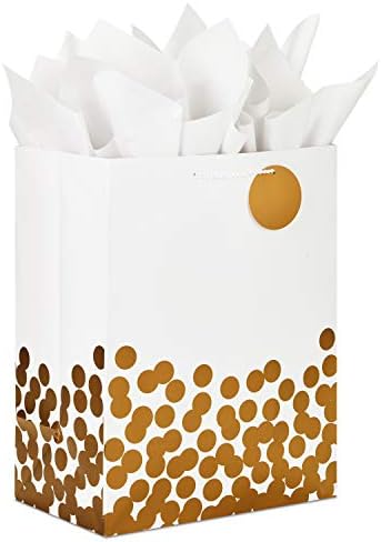 Hallmark 17" Extra Large Gift Bag with Tissue Paper (White with Gold Polka Dots) for Christmas, Hanukkah, Weddings, Engagements, Bridal Showers, Graduations, Retirements, Birthdays, Valentine's Day