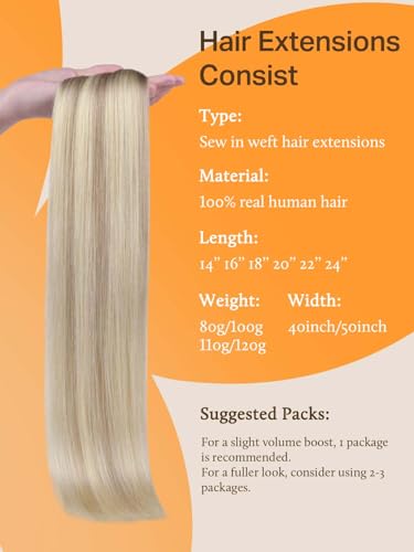 Image of DOORES Sew in Hair Extensions Real Human Hair, Honey Blonde Highlight Platinum Blonde 24 Inch 120g Hiand Tied Weft Natural Straight