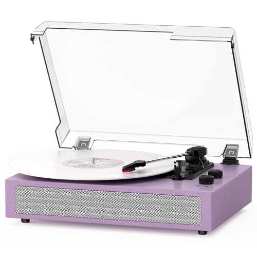 MANGOSTAN Bluetooth Vinyl Record Player 3-Speed Belt-Driven Turntable with Built-in Stereo Speakers Wireless Playback AUX/RCA/Headphone Jack Auto Stop Vintage All-in-One LP Phonograph Purple