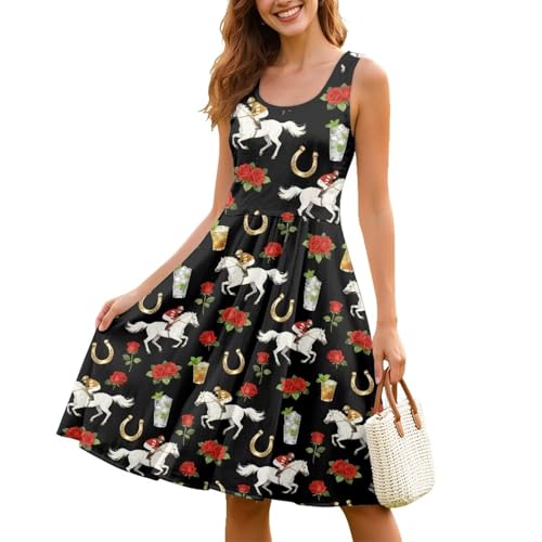 Image of Women Stylish Tank Dresses Sleeveless Round Neck Midi Casual Dress with Pocket for Summer