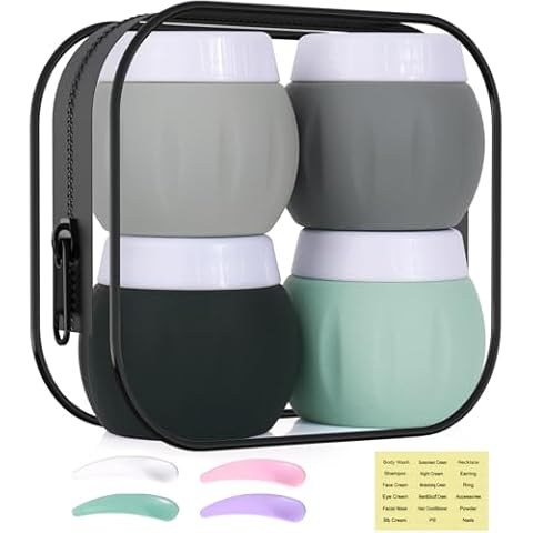 Travel Containers for Toiletries, GLAMFIELDS TSA Approved 1.7oz 50ml Travel Size Silicone Cream Jars BPA Free, Leak-proof Travel Essentials with Lid for Cosmetic Face Hand Body Cream Grey (4 Pack) Cover