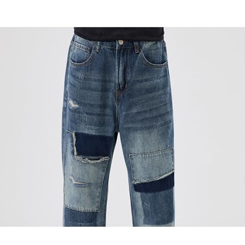 Mens Light Ripped Baggy Jeans Frayed Hem Destroyed Denim Pant Casual 90's Hip Hop Cowboy Trousers2